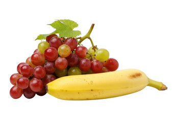 Fresh ripe red grapes and yellow banana isolated on transparent background