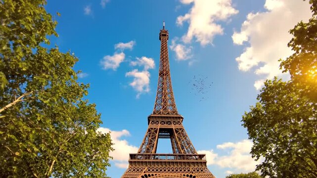 Iconic iron lattice tower standing tall amidst lush greenery in Paris, France, under a vibrant blue sky with puffy white clouds