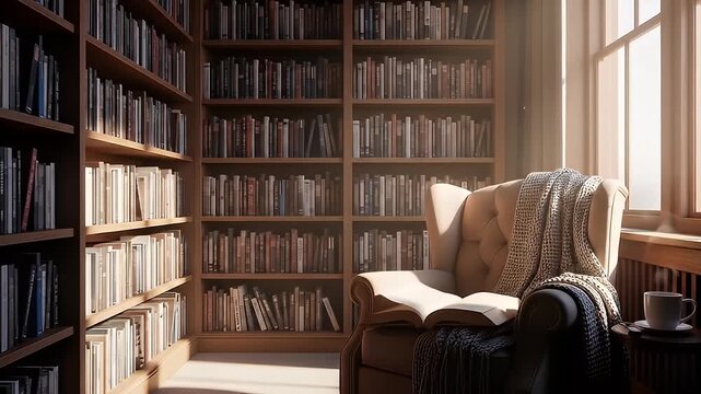 Cozy reading nook with full bookshelves, chair, blankets, open book and tea