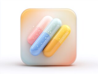Obraz premium Three colorful gel capsules resting diagonally on a rounded square surface