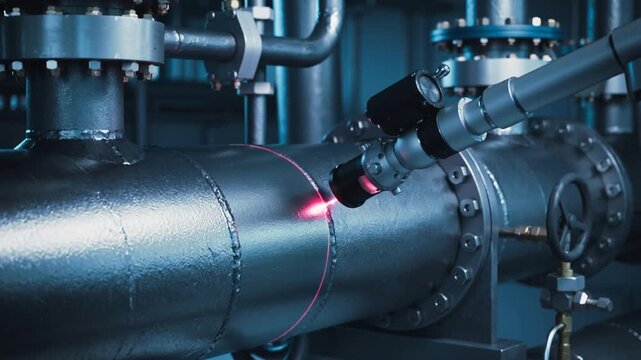 Industrial pipe with laser cutting tool in factory setting