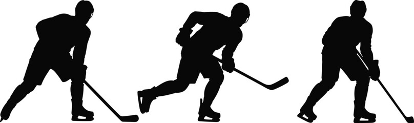 Obraz premium Ice Hockey Player Silhouettes Set with Stick Handling and Skating Poses Isolated on White Background Winter Sport Vector Collection