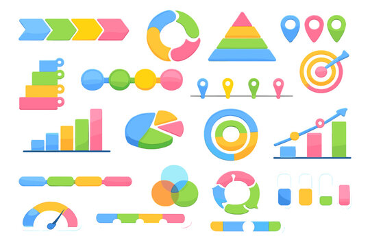 A collection of colorful 3D infographic elements including bar charts, pie charts, arrows, and progress bars on a black background. Ideal for business presentations and data visualization.