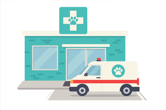 This flat vector illustration shows a teal veterinary hospital with a paw print medical sign and a white pet ambulance with a red stripe parked outside the entrance.