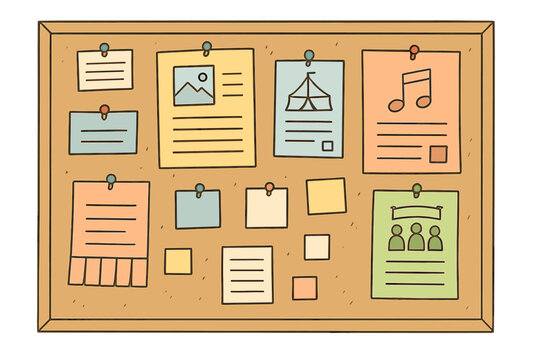 A hand-drawn illustration of a cork bulletin board filled with various colorful notes, flyers, and papers pinned with push pins. It features icons for music, camping, and people.