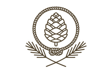 A brown line art illustration featuring a pinecone centered within a circular rope frame. Two crossed pine branches are positioned below the rope circle on a black background. © Andrei
