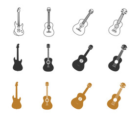Naklejka premium Guitar Icon Set. Acoustic and Electric Guitar Line and Solid Vector Collection