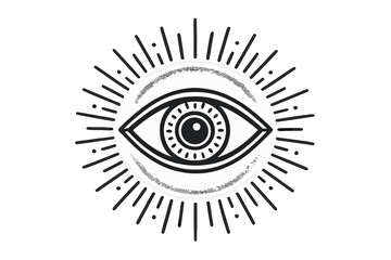 A black and white graphic illustration of a mystical all-seeing eye centered within a glowing sunburst of rays and dots, set against a solid black background for high contrast.