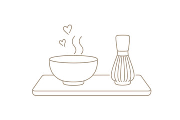 This minimalist line art illustration shows a Japanese matcha tea set with a steaming bowl, hearts, and a bamboo whisk on a tray, set against a solid black background. © Andrei