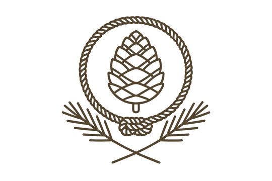 A brown line art illustration featuring a pinecone centered within a circular rope frame. Two crossed pine branches are positioned below the rope circle on a black background.
