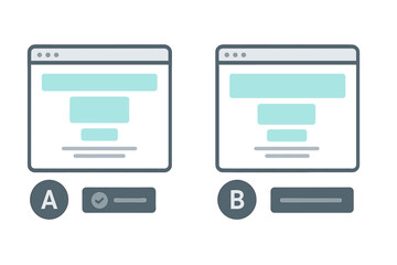 A flat vector illustration depicting two web browser windows labeled A and B for split testing. A checkmark icon indicates a selection between two different user interface layouts. © Andrei