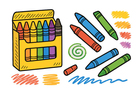 A hand-drawn illustration features a yellow box filled with colorful crayons, accompanied by loose crayons and various scribbles on a black background. Includes red, blue, green, and orange.