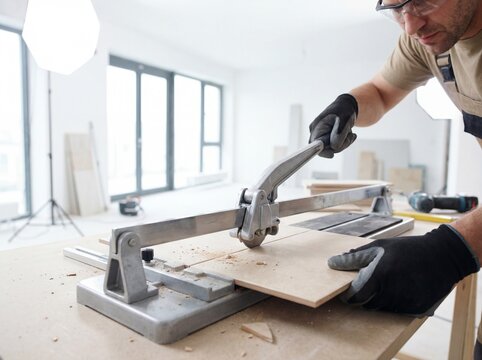 Professional Caucasian Man Cutting Ceramic Tile with Tile Cutter During Home Renovation Project in Modern Apartment with Copy Space