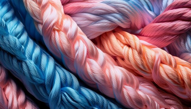a close up of a colorful twisted rope with pink peach and blue strands