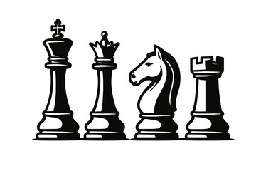 A black and white illustration featuring four chess pieces: a king, a queen, a knight, and a rook, arranged in a row against a plain white background in a minimalist graphic style. © Andrei