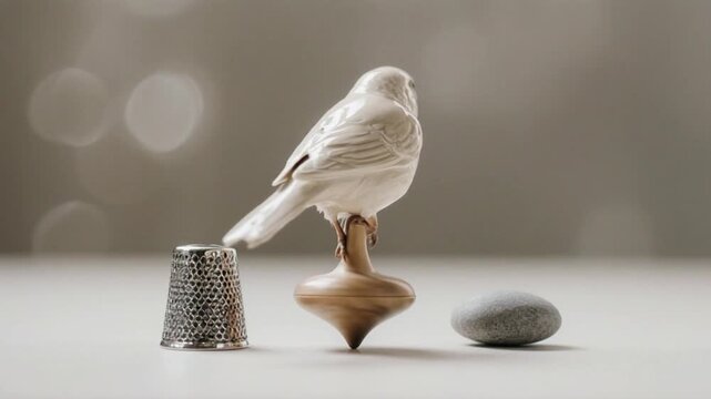 White bird figurine on wooden object with thimble and stone on table with bokeh background for decorative or still life photography