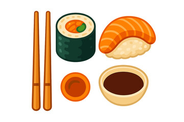This flat vector illustration depicts a sushi set featuring a salmon nigiri, a maki roll, wooden chopsticks, and a bowl of soy sauce against a dark background. © Andrei