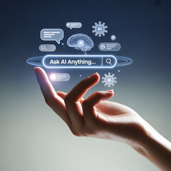 Fototapeta premium Close-up of hand holding futuristic search bar 