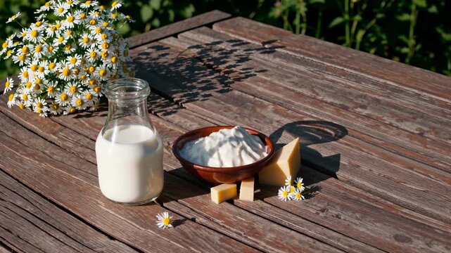 Milk and yogurt arranged on table with cheese wedge cottage curd bowl and milk jar beside wooden daisy bouquet under sunlight creating rustic dairy still life for farm kitchen display and food concept