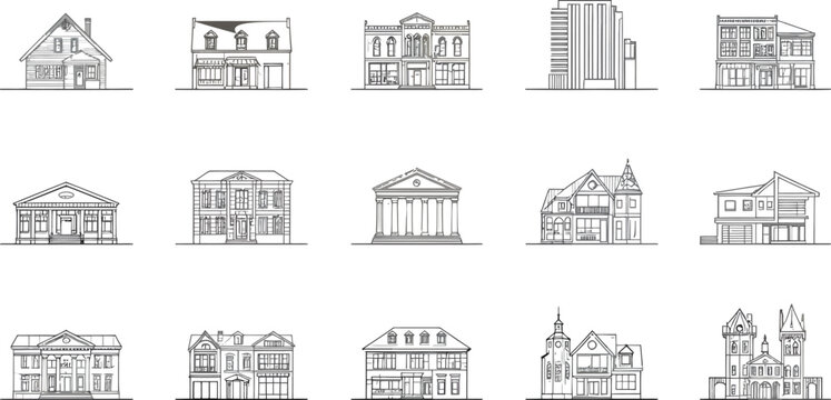Collection of fifteen distinct black and white line art icons representing various architectural styles of houses commercial buildings and government structures
