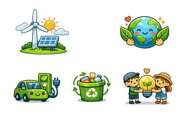 Fototapeta premium Five cute cartoon illustrations promoting environmental sustainability, including renewable energy, recycling, electric vehicles, and a happy earth globe on a black background.