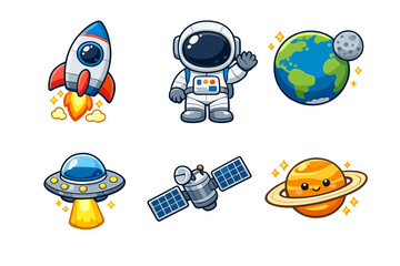 A collection of six cute space-themed cartoon icons including a rocket, astronaut, Earth, UFO, satellite, and Saturn, all set against a solid black background for a sticker effect. © Artstock