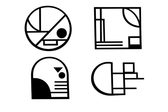A minimalist black and white graphic featuring four distinct geometric shapes including a circle, a square, an arch, and a stepped polygon arranged in a grid on a dark background.
