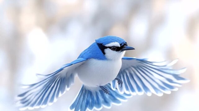 Vibrant blue jay in mid-flight against a soft blurred background