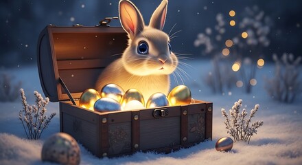 Adorable bunny sits in glowing chest filled with gold and silver eggs, winter scene