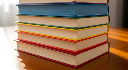 A close-up view of a stack of hardcover books with colorful spines in red, yellow, green, and blue, isolated on transparent background, ideal for themes of education and knowledge.