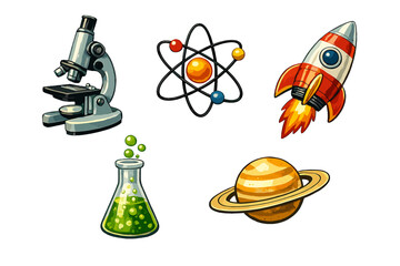 A collection of science-themed illustrations including a microscope, an atom model, a rocket ship, a bubbling green flask, and the planet Saturn, all set against a solid black background. © Artstock