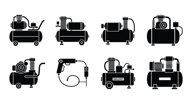 Black and white icons depicting various air compressor models and components