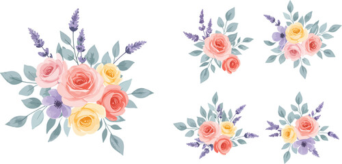 Watercolor floral arrangements with roses and lavender on white background
