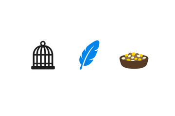 Three minimalist icons representing bird care are displayed on a black background, including a black birdcage, a single blue feather, and a brown bowl filled with yellow birdseed. © Artstock