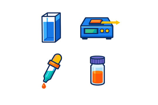 This set of scientific laboratory icons features a blue cuvette, an electronic measuring device, a pipette with a droplet, and a glass vial containing orange liquid.