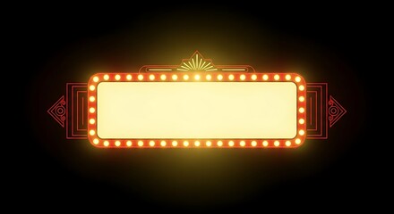 An illuminated rectangular marquee with a blank display, outlined by lights on a black background