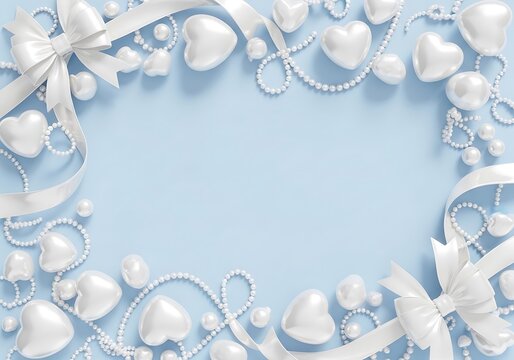 Elegant white ribbon bows and pearl strings surrounding a heart shaped collection against a light blue background