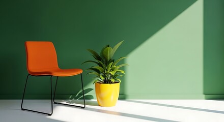 An orange chair and potted plant against a green wall, lit by a strong diagonal light