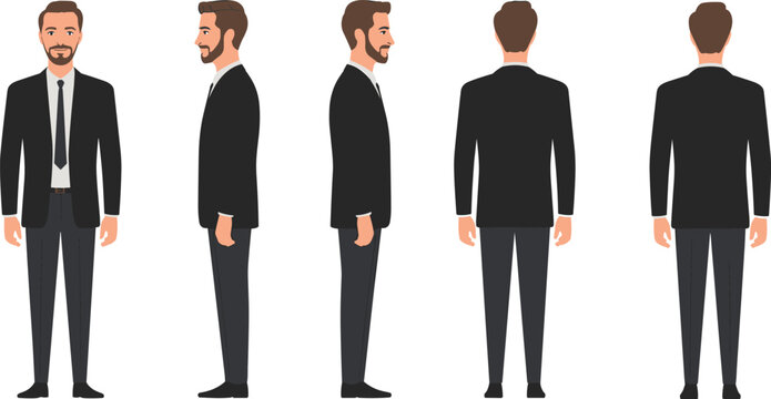 Businessman character turnaround collection with front, side and back views, professional man in black suit and tie, full body flat vector illustration isolated background