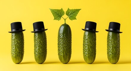 Anthropomorphic cucumber composition on yellow, arranged as a group with small hats