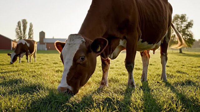 Cows grazing in green pasture during golden hour. Peaceful farm setting with bright sunlight. Livestock feeding on fresh grass creates tranquil atmosphere.