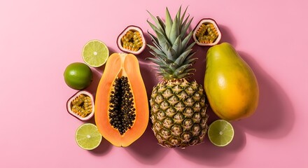 Assortment of tropical fruits, vibrant colors, set against a bright pink background