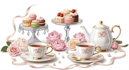 Elegant Tea Party with Delicate Pastries and Floral Accents