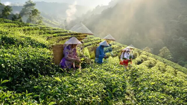 Tea harvesting in vibrant tea fields. Farmers handpick fresh tea leaves at sunrise. Beautiful landscape showcases lush green hills and serene atmosphere.