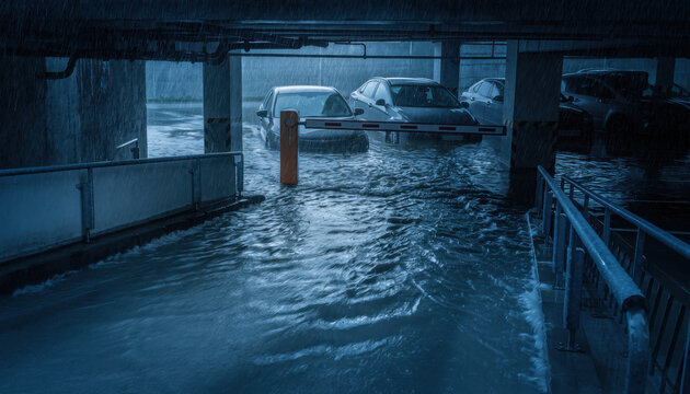 Flooding underground parking garage submerged in heavy rain