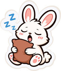 Obraz premium A kawaii-style illustration of a cute sleeping bunny holding a brown pillow with 
