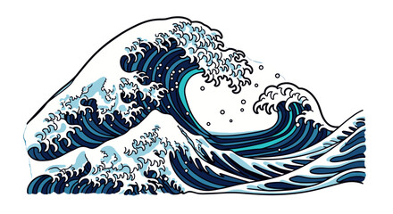 Stylized ocean wave illustration with blue and white hues.
