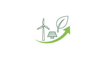 Obraz premium Renewable energy icons showing a wind turbine, solar panel, and a green leaf with an upward trending arrow.