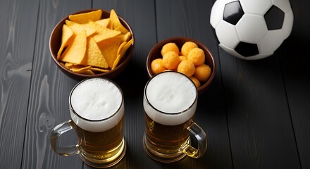 Beer mugs, snacks, and soccer ball on a dark wooden surface. A scene of game day