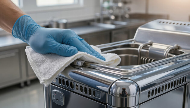 Hand cleaning deep fryer in commercial kitchen for hygiene